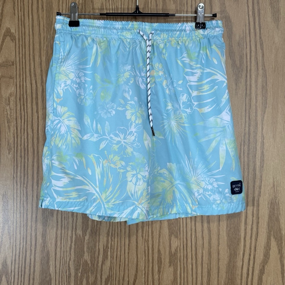 Spicy Tuna Mens M Swim Trunks Shorts w Liner Aqua Hibiscus Palm